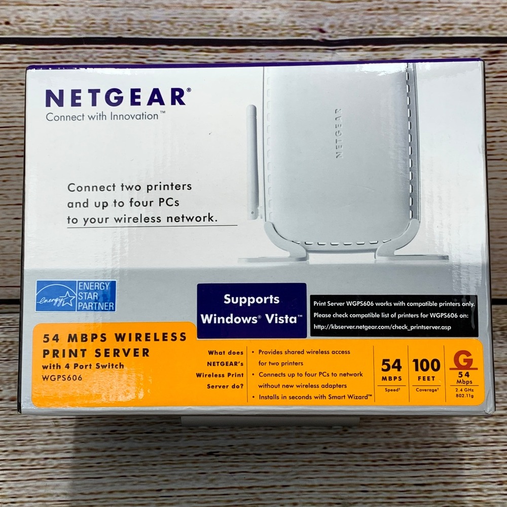 NETGEAR WGPS606 54 Mbps Wireless‎ Print Server With 4 Port Switch Unused